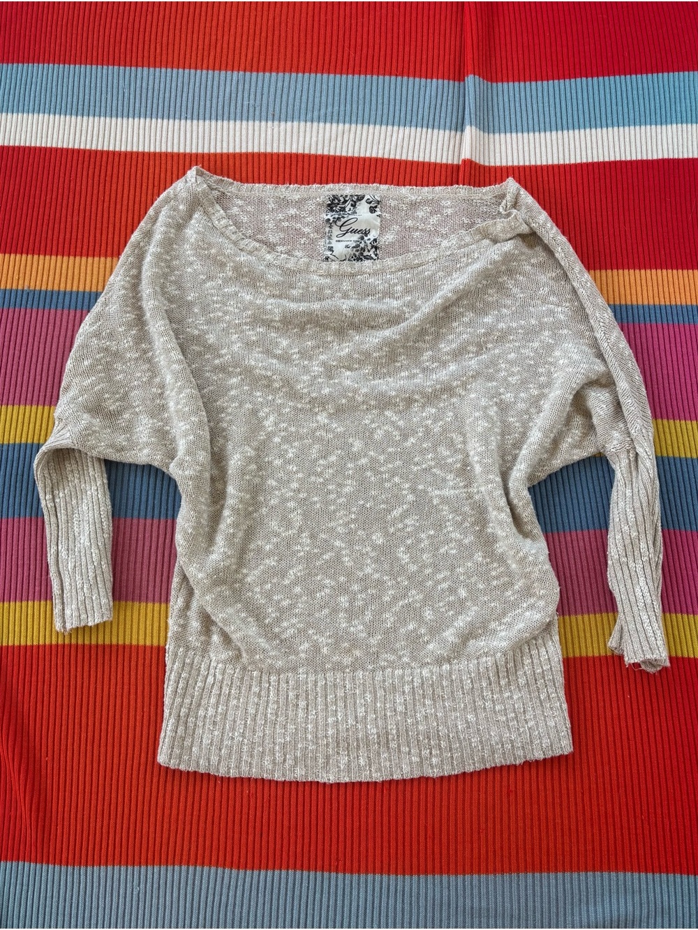 2000s Guess Off-the-Shoulder Gold Beige Slouchy Sweater